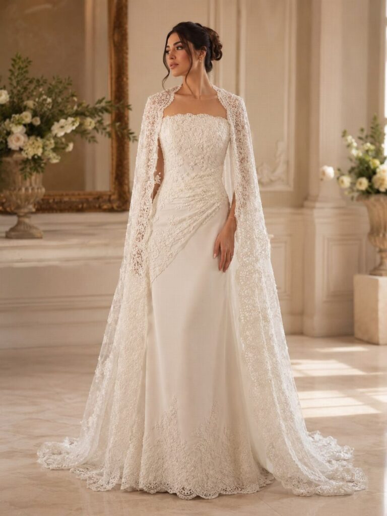 Woman in a white column wedding dress with a long lace cape.