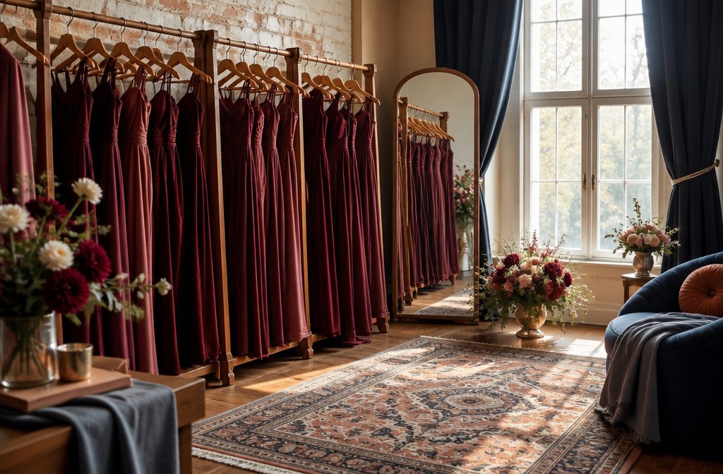 A dimly lit bridal boutique with burgundy bridesmaids dresses displayed elegantly.
