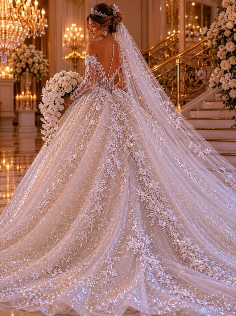 Woman in a sparkling white luxury wedding dress with a long train and veil.