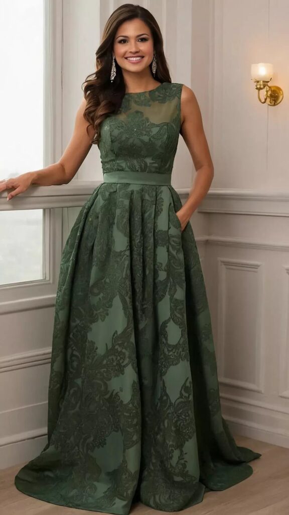 Woman in a floor-length dark green floral jacquard gown posing indoors.