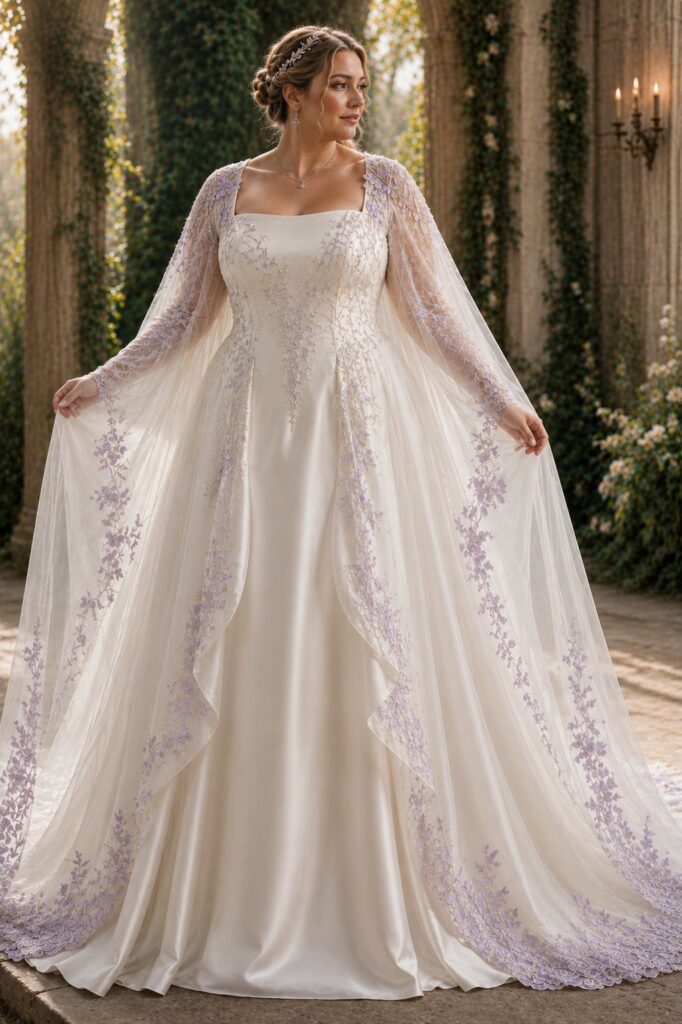 Woman in a white satin wedding dress with a purple embroidered sheer cape.