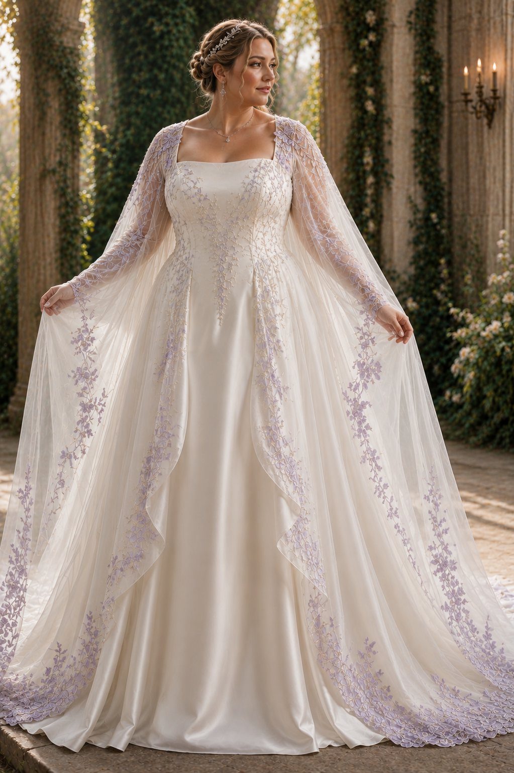 Woman in a white satin wedding dress with a purple embroidered sheer cape.