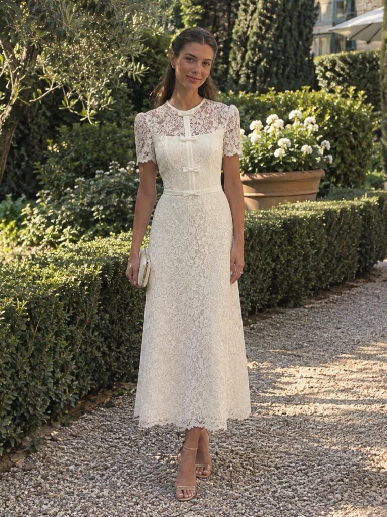Woman in a white lace midi dress standing in a lush Italian garden