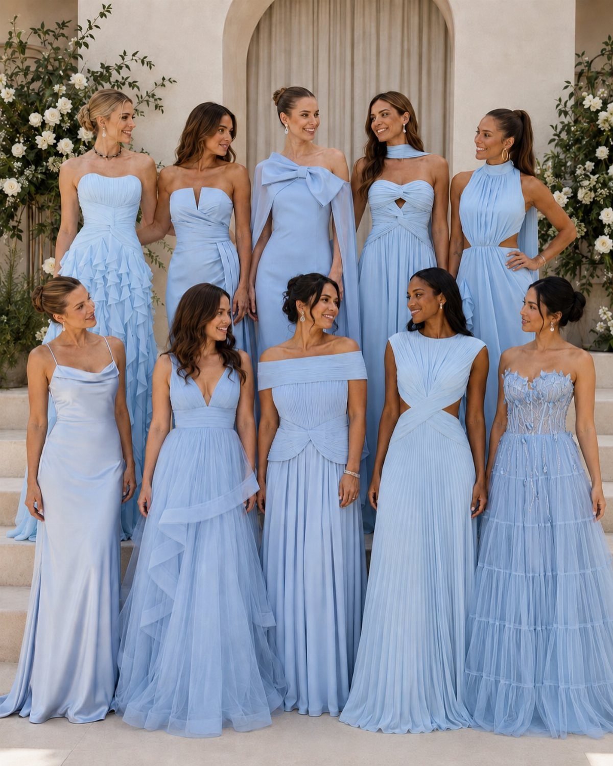 Ten women wearing different styles of periwinkle blue bridesmaid dresses posing outdoors.