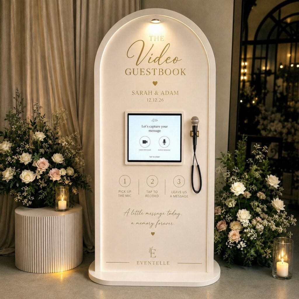 White arched video guestbook kiosk with flowers and candles at a wedding reception.