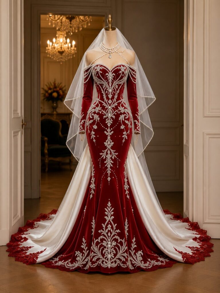 Red velvet wedding dress with silver embroidery and white veil on a mannequin
