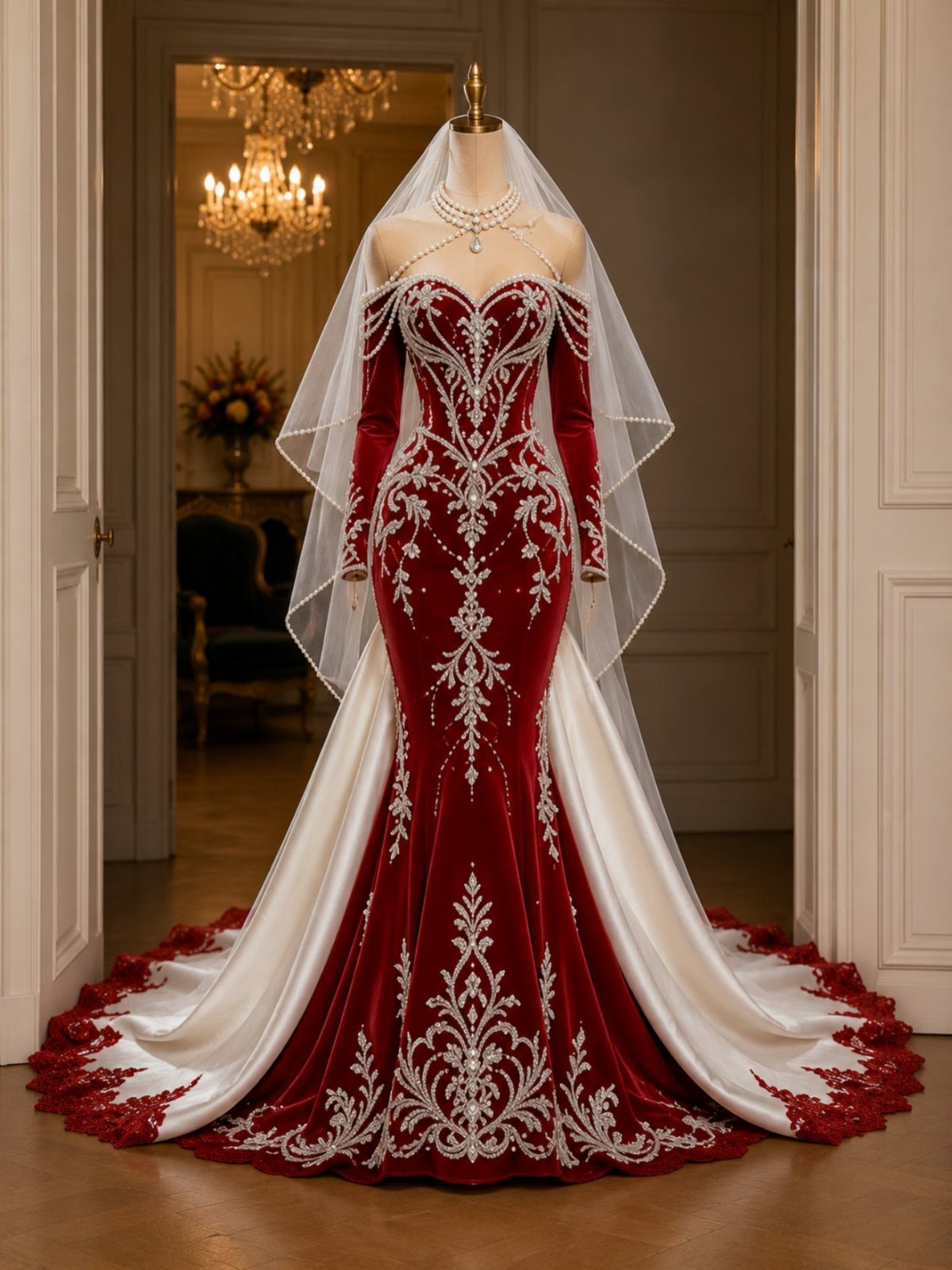 Red velvet wedding dress with silver embroidery and white veil on a mannequin