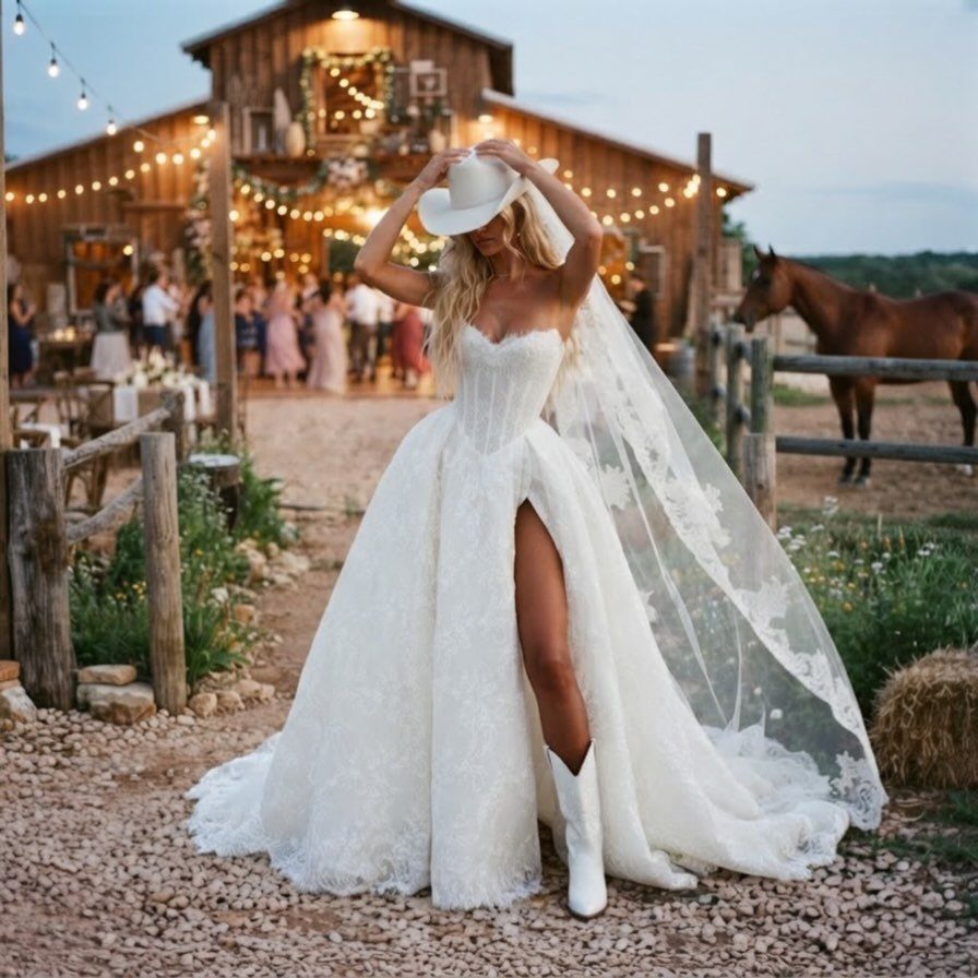 Woman in a lace wedding dress with cowboy boots and hat at a barn