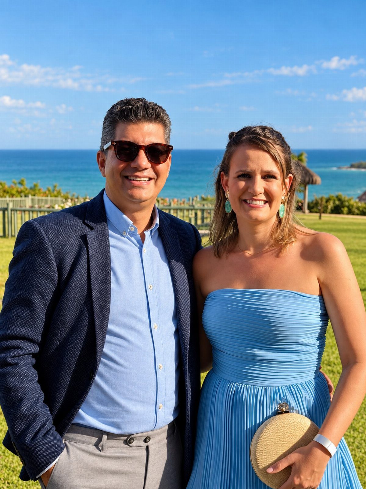 Man in navy blazer and woman in blue strapless dress posing by the ocean.