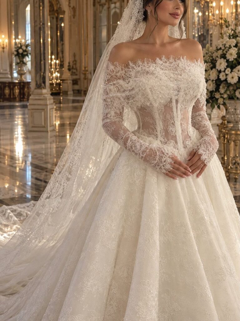 Woman in an off-the-shoulder white lace wedding dress and veil in a ballroom