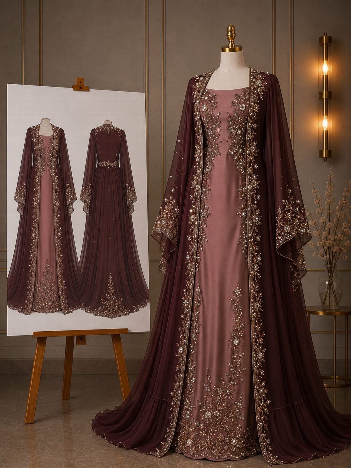 Mauve and burgundy bridal gown with gold beadwork and a sheer cape.
