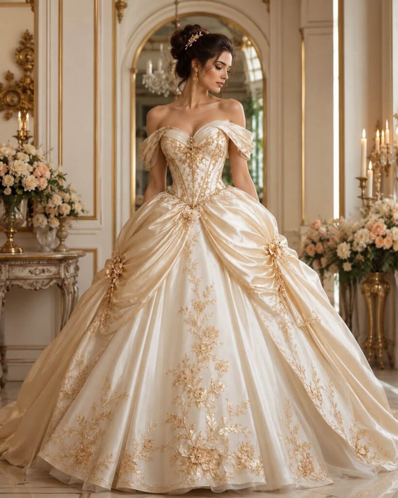 Woman in a voluminous champagne ballgown with gold embroidery in an ornate room