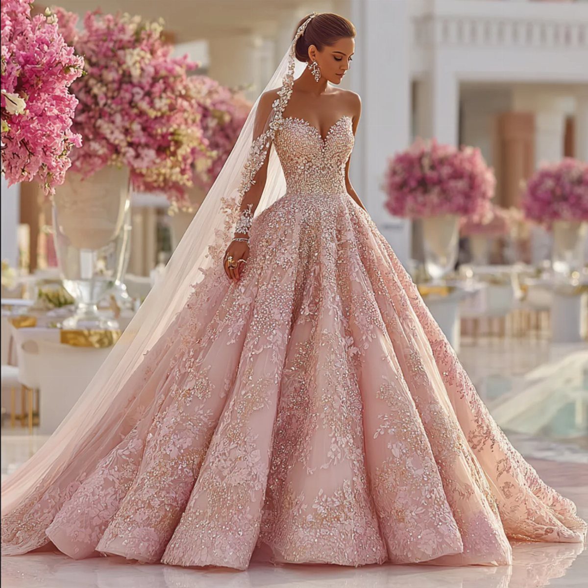 Woman in a sparkling light pink ballgown wedding dress with a long veil